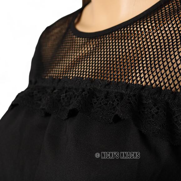 Le Gali Black Fishnet Mini Dress Drawstring Waist Babydoll 3/4 Sleeve Size XS - Picture 6 of 12